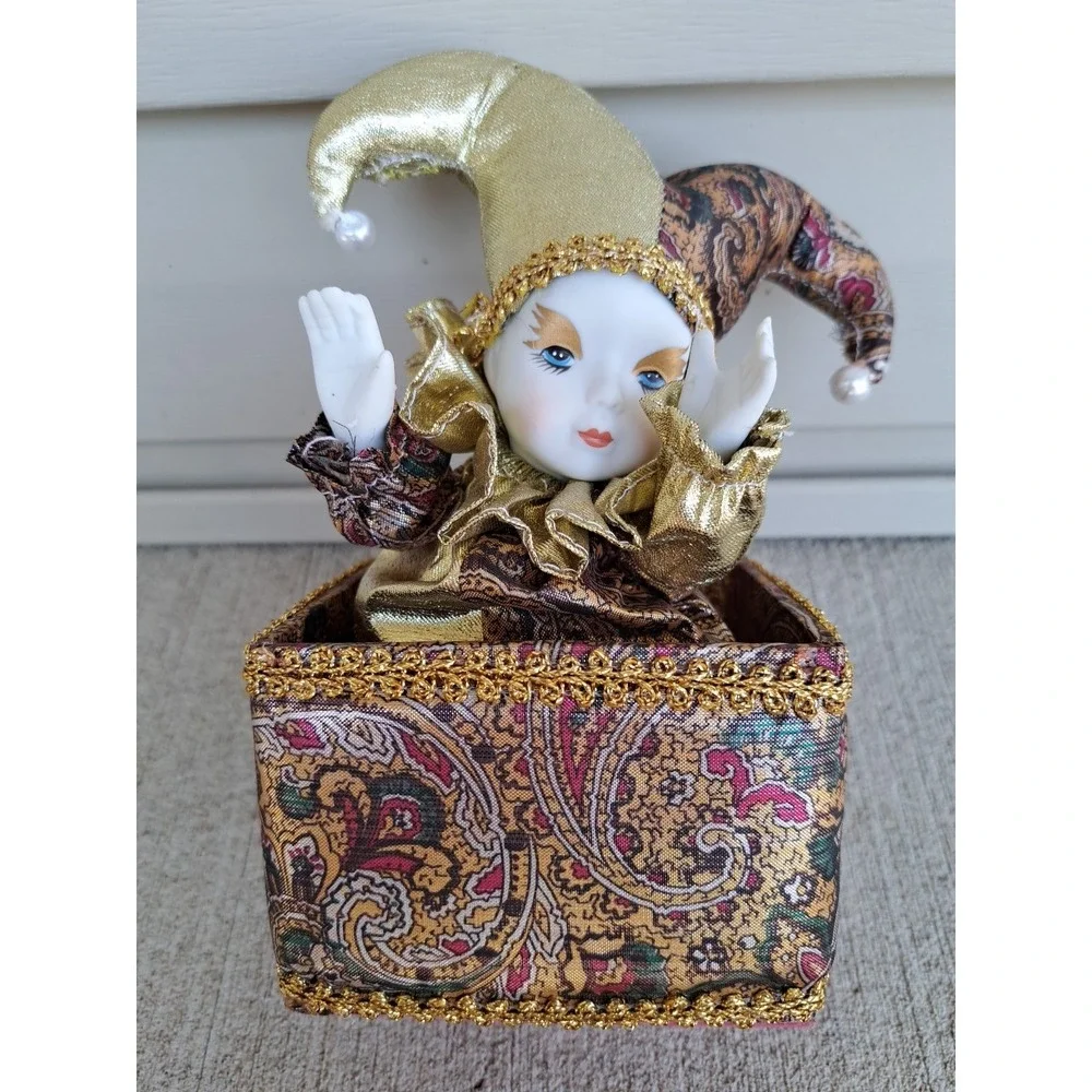 Vintage Musical Animated Jester Clown Harlequin Porcelain Head Hands